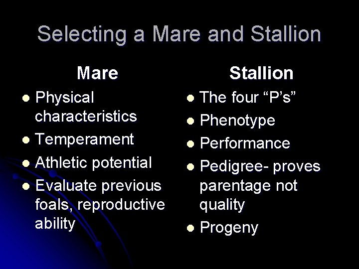 Selecting a Mare and Stallion Mare Physical characteristics l Temperament l Athletic potential l