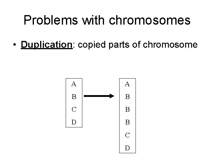 Problems with chromosomes • Duplication: copied parts of chromosome A A B B C Problems with chromosomes • Duplication: copied parts of chromosome A A B B C