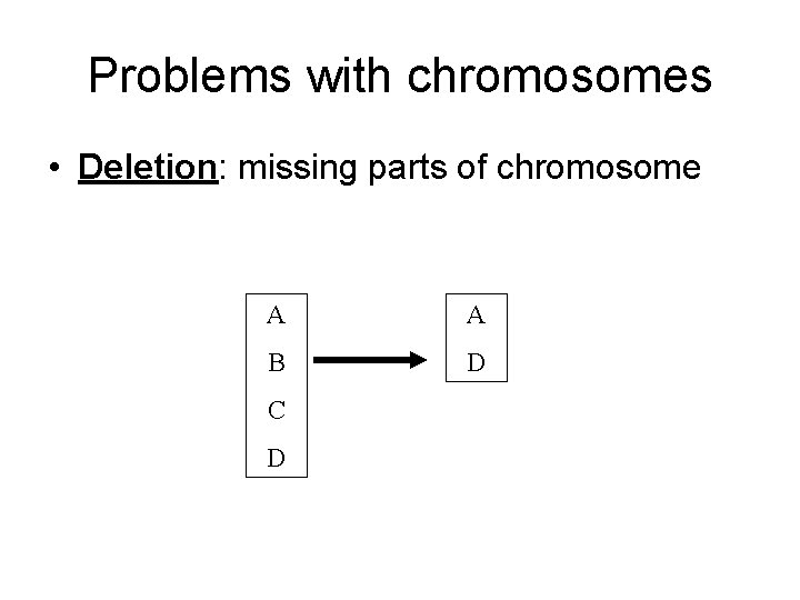 Problems with chromosomes • Deletion: missing parts of chromosome A A B D C Problems with chromosomes • Deletion: missing parts of chromosome A A B D C
