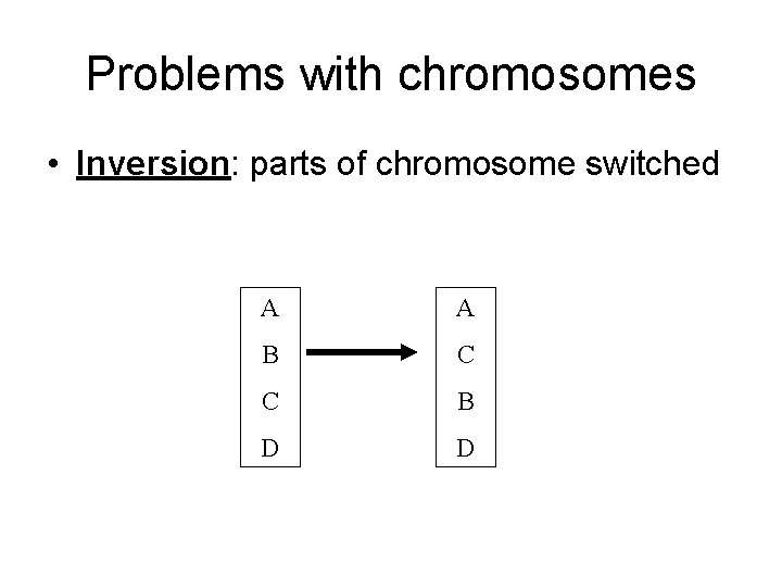 Problems with chromosomes • Inversion: parts of chromosome switched A A B C C Problems with chromosomes • Inversion: parts of chromosome switched A A B C C