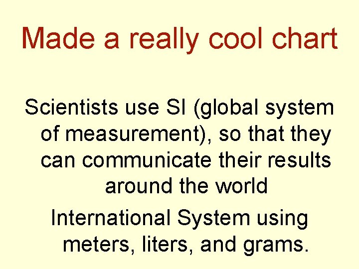 Made a really cool chart Scientists use SI (global system of measurement), so that