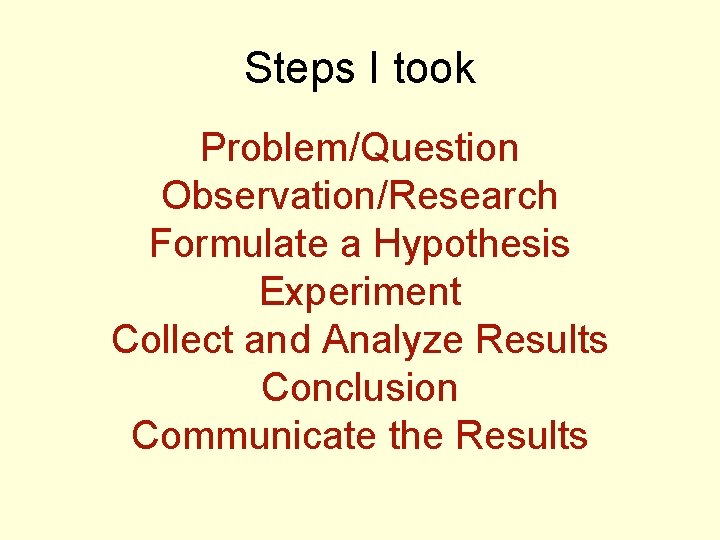 Steps I took Problem/Question Observation/Research Formulate a Hypothesis Experiment Collect and Analyze Results Conclusion