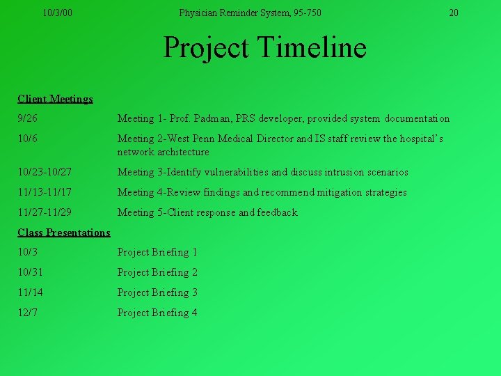10/3/00 Physician Reminder System, 95 -750 20 Project Timeline Client Meetings 9/26 Meeting 1