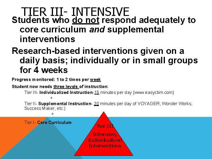 TIER III- INTENSIVE Students who do not respond adequately to core curriculum and supplemental