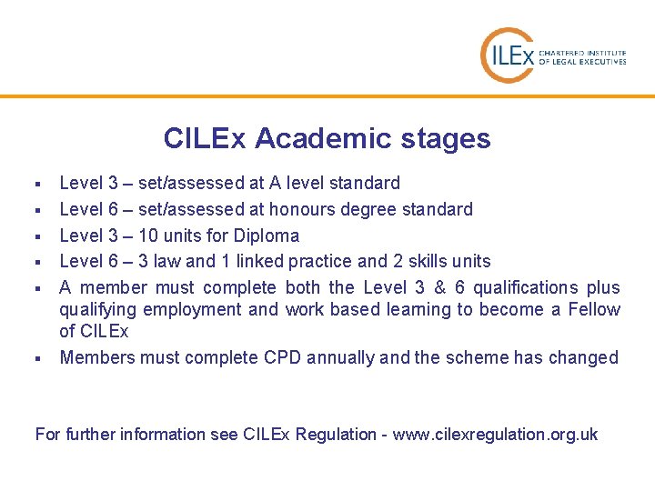 CILEx Academic stages § § § Level 3 – set/assessed at A level standard