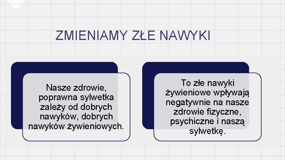 ZMIENIAMY ZŁE NAWYKI Nasze zdrowie, poprawna sylwetka zależy od dobrych nawyków, dobrych nawyków żywieniowych.