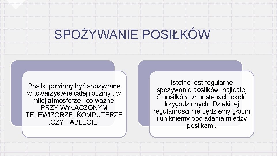 SPOŻYWANIE POSIŁKÓW Posiłki powinny być spożywane w towarzystwie całej rodziny , w miłej atmosferze