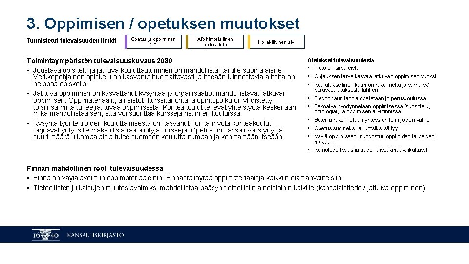 3. Oppimisen / opetuksen muutokset Tunnistetut tulevaisuuden ilmiöt Opetus ja oppiminen 2. 0 AR-historiallinen