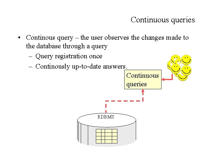 Continuous queries • Continous query – the user observes the changes made to the