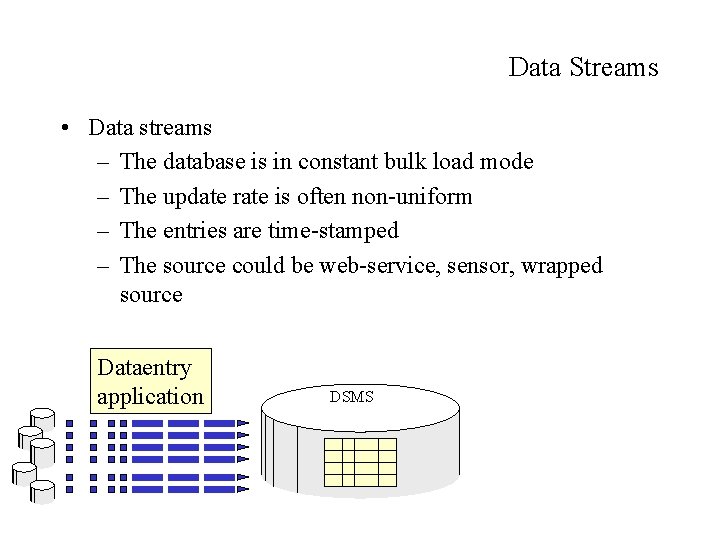 Data Streams • Data streams – The database is in constant bulk load mode