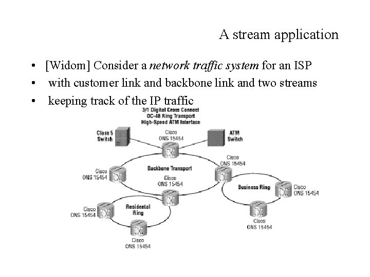 A stream application • [Widom] Consider a network traffic system for an ISP •