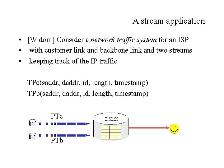 A stream application • [Widom] Consider a network traffic system for an ISP •