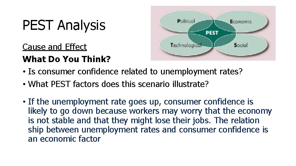 PEST Analysis Cause and Effect What Do You Think? • Is consumer confidence related