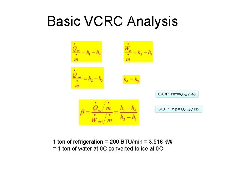 Basic VCRC Analysis 1 ton of refrigeration = 200 BTU/min = 3. 516 k.