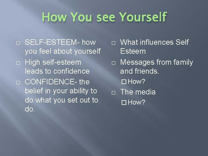 How You see Yourself � � � SELF-ESTEEM- how you feel about yourself High