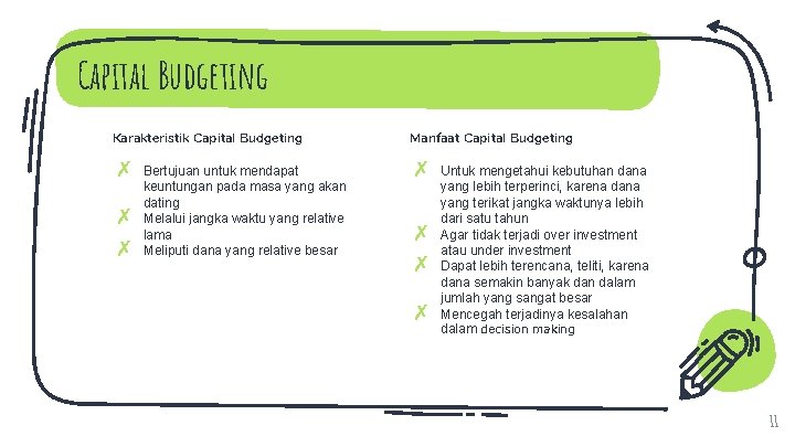 Capital Budgeting Karakteristik Capital Budgeting Manfaat Capital Budgeting ✗ ✗ Bertujuan untuk mendapat keuntungan