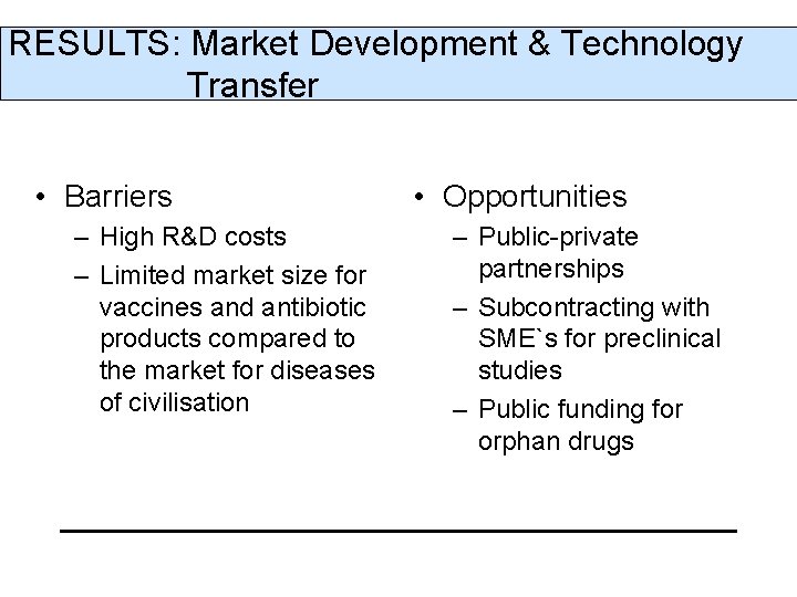 RESULTS: Market Development & Technology Transfer • Barriers – High R&D costs – Limited