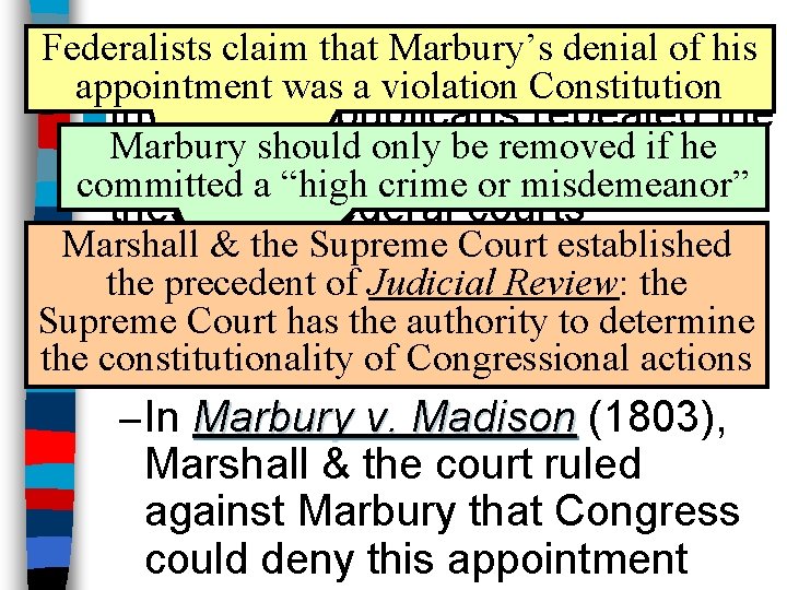 Adams’ Midnight Appointments Federalists claim that Marbury’s denial of his appointment was a violation