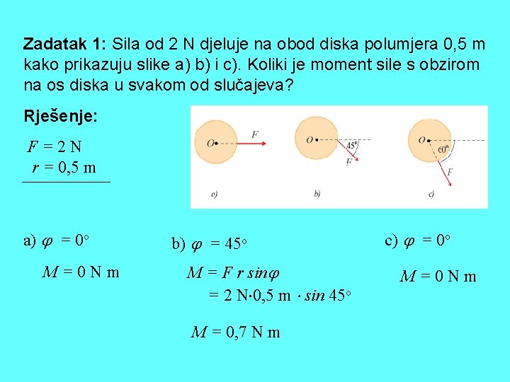 Zadatak 1: Sila od 2 N djeluje na obod diska polumjera 0, 5 m