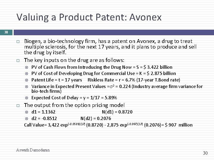 Valuing a Product Patent: Avonex 30 Biogen, a bio-technology firm, has a patent on