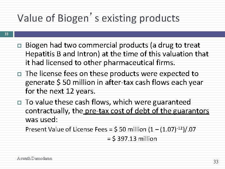 Value of Biogen’s existing products 33 Biogen had two commercial products (a drug to