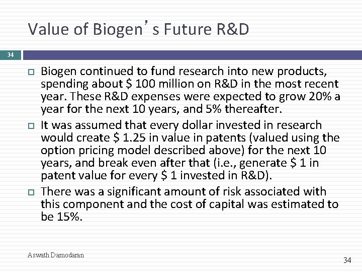 Value of Biogen’s Future R&D 34 Biogen continued to fund research into new products,