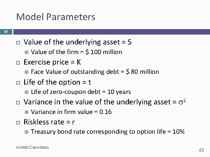 Model Parameters 65 Value of the underlying asset = S Exercise price = K