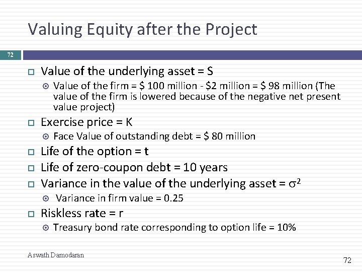 Valuing Equity after the Project 72 Value of the underlying asset = S Exercise