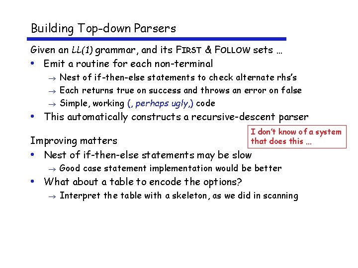 Building Top-down Parsers Given an LL(1) grammar, and its FIRST & FOLLOW sets …