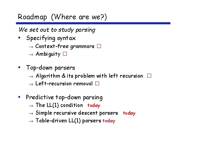 Roadmap (Where are we? ) We set out to study parsing • Specifying syntax