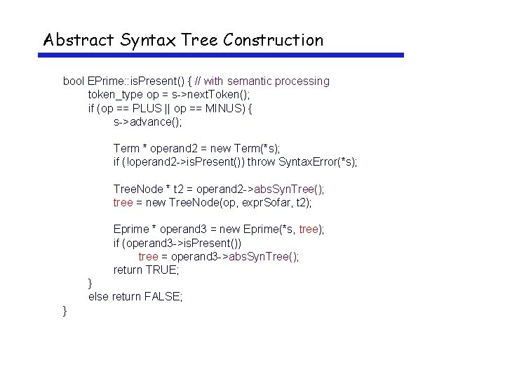Abstract Syntax Tree Construction bool EPrime: : is. Present() { // with semantic processing