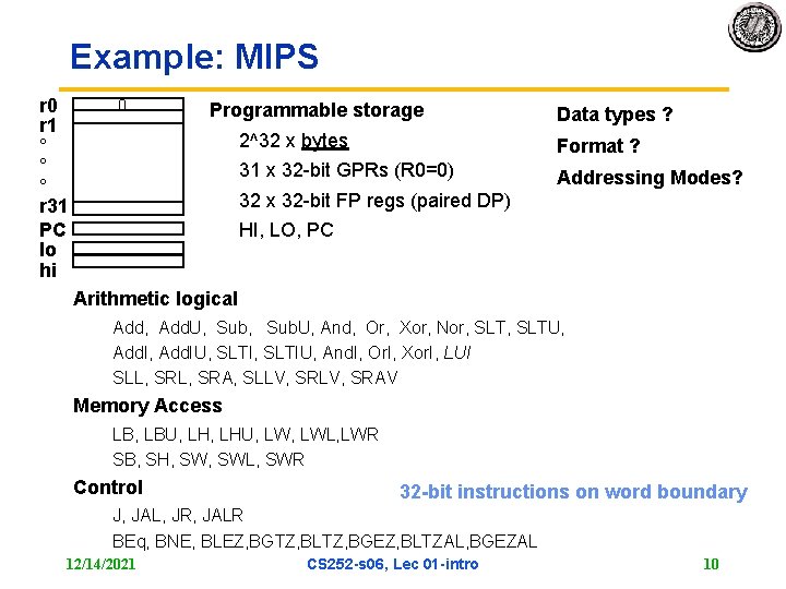 Example: MIPS r 0 r 1 ° ° ° r 31 PC lo hi