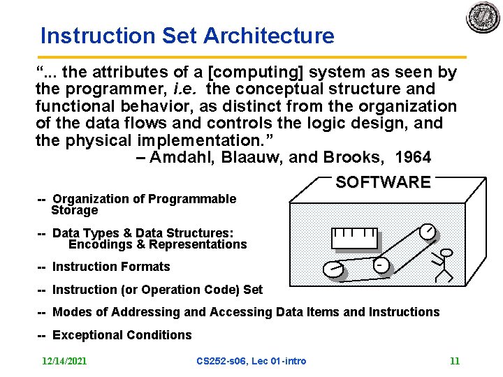 Instruction Set Architecture “. . . the attributes of a [computing] system as seen