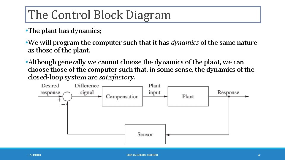 The Control Block Diagram • The plant has dynamics; • We will program the