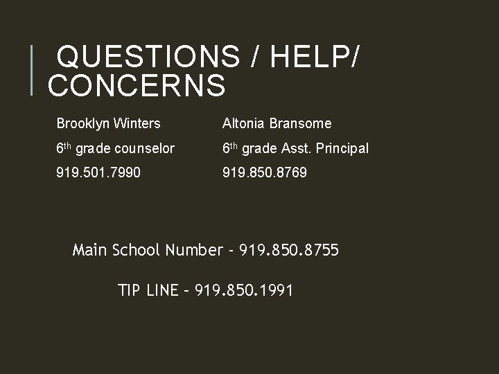 QUESTIONS / HELP/ CONCERNS Brooklyn Winters Altonia Bransome 6 th grade counselor 6 th