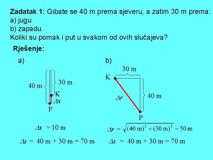 Zadatak 1: Gibate se 40 m prema sjeveru, a zatim 30 m prema: a)