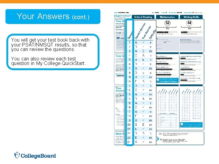 Your Answers (cont. ) You will get your test book back with your PSAT/NMSQT