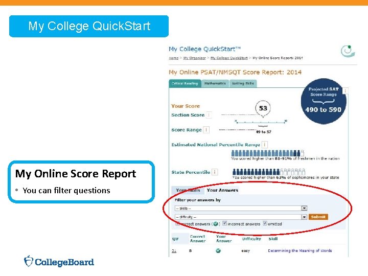 My College Quick. Start My Online Score Report • You can filter questions 