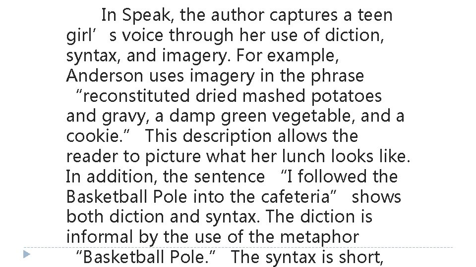 In Speak, the author captures a teen girl’s voice through her use of diction,
