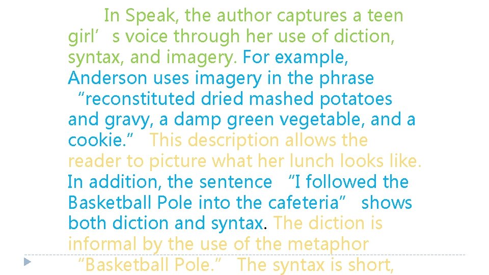 In Speak, the author captures a teen girl’s voice through her use of diction,