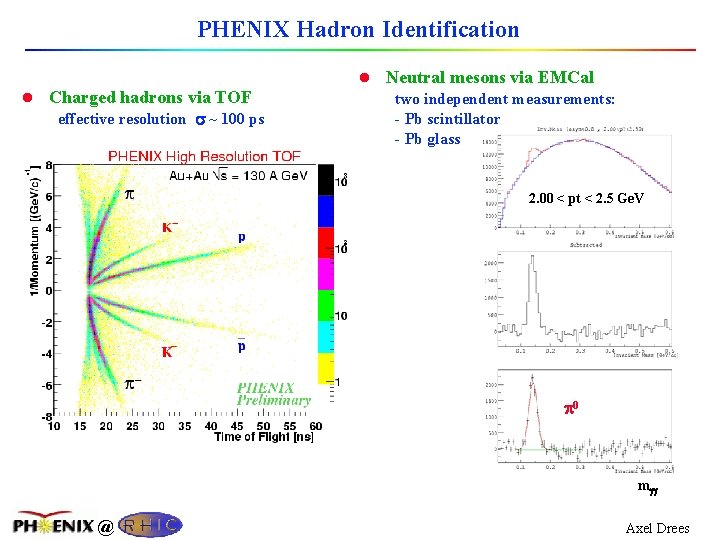 PHENIX Hadron Identification l Charged hadrons via TOF effective resolution ~ 100 ps l