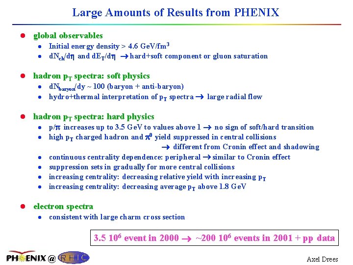 Large Amounts of Results from PHENIX l global observables l Initial energy density >