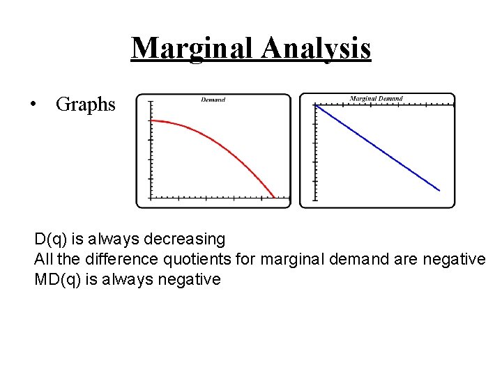 Marginal Analysis • Graphs D(q) is always decreasing All the difference quotients for marginal