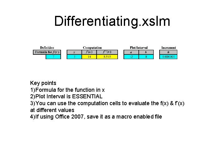 Differentiating. xslm Key points 1)Formula for the function in x 2)Plot Interval is ESSENTIAL