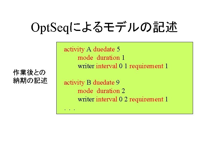 Opt. Seqによるモデルの記述 作業後との 納期の記述 activity A duedate 5 mode duration 1 writer interval 0