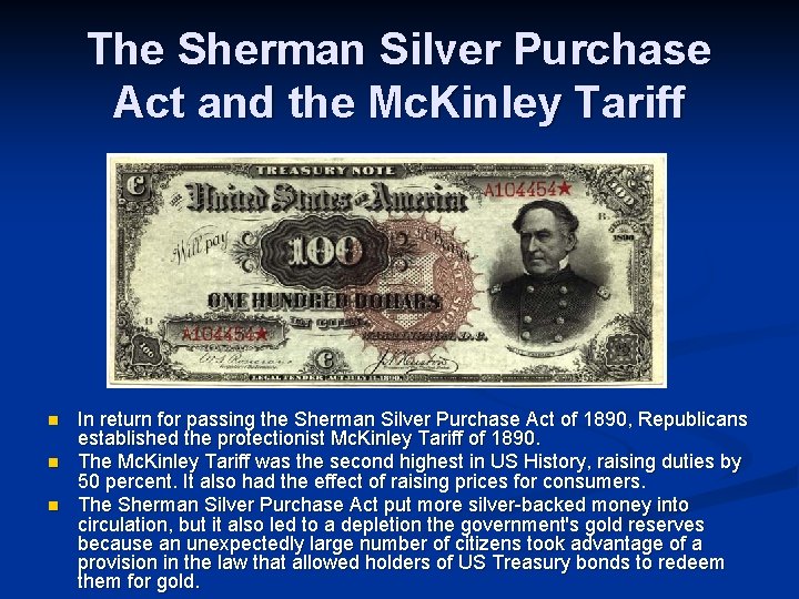 The Sherman Silver Purchase Act and the Mc. Kinley Tariff n n n In