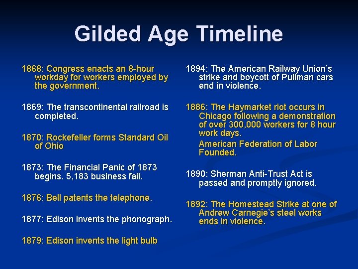 Gilded Age Timeline 1868: Congress enacts an 8 -hour workday for workers employed by