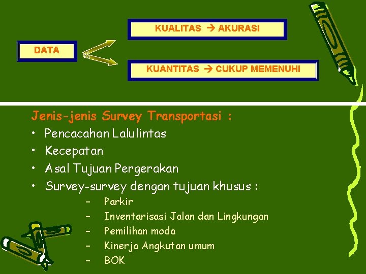 KUALITAS AKURASI DATA KUANTITAS CUKUP MEMENUHI Jenis-jenis Survey Transportasi : • Pencacahan Lalulintas •