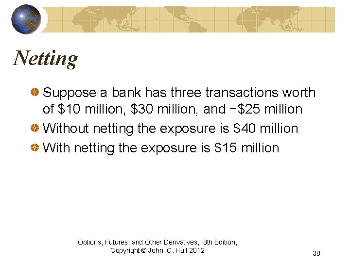 Netting Suppose a bank has three transactions worth of $10 million, $30 million, and