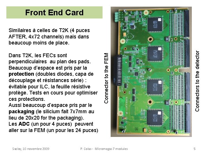 Front End Card Saclay, 10 novembre 2009 P. Colas - Micromegas 7 modules Connectors